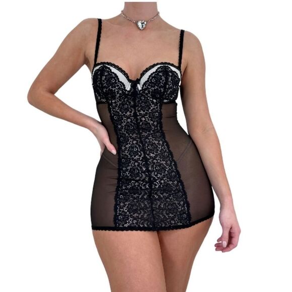 Y2K VINTAGE Victoria's Secret Sheer  Black Beige Slip Dress Keyhole Back‎ 34B - Picture 1 of 11